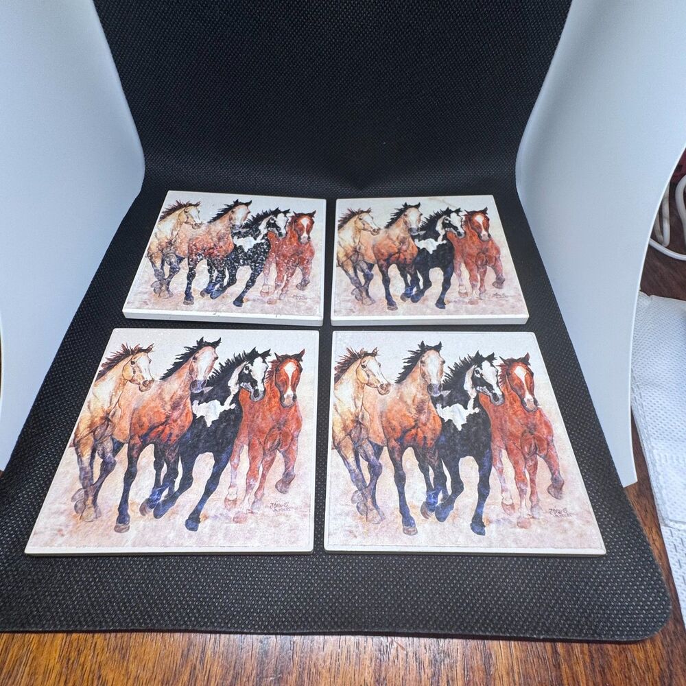 Set of 4 Stone Art USA Absorbent Stone Coasters Wild Horses